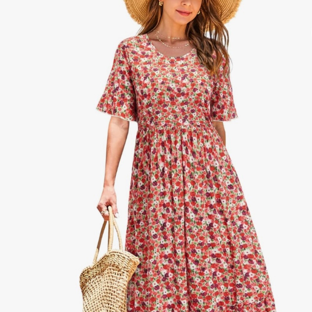 STYLEWORD Women's Small Red/Orange Floral Summer Dresses Short Sleeve Crewneck